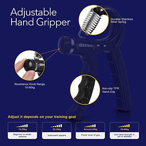 Peradix Hand Grip Strengthener Workout Kit, 6 Pack Forearm Grip Adjustable Resistance Hand Gripper, Finger Exerciser, Finger Stretcher, Grip Ring, Resistance Bands & Stress Relief Ball for Athletes