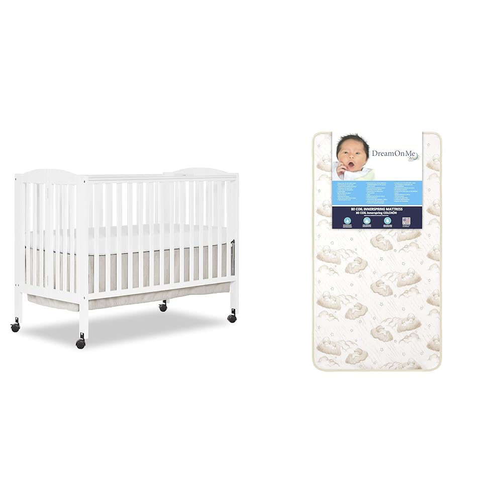 Dream On Me, Full Size 2-in-1 Folding Stationary Side Crib, White & Foam 2-in-1 Breathable Twilight 5" Spring Coil Crib and Toddler Bed Mattress Firm Image