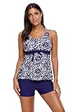 Aleumdr Womens Floral Printed Bowknot Embellished Tank Top Ties Tankini Swimsuit with Swim Shorts Sexy Tankinis Large Size Blue