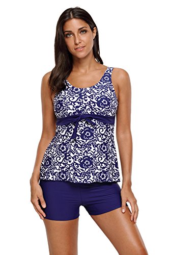 Aleumdr Womens Floral Printed Bowknot Embellished Tank Top Ties Tankini Swimsuit with Swim Shorts Sexy Tankinis Large Size Blue