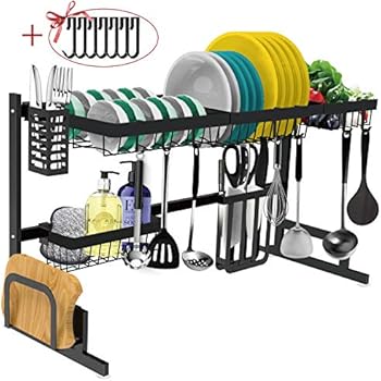 Dish Drying Rack Over the Sink -Adjustable Large Dish Rack Drainer for Kitchen Organizer Storage Space Saver Shelf Utensils Holder with 7 Utility Hooks Dish Rack Over Sink (32≤ Sink Size ≤ 39inch)