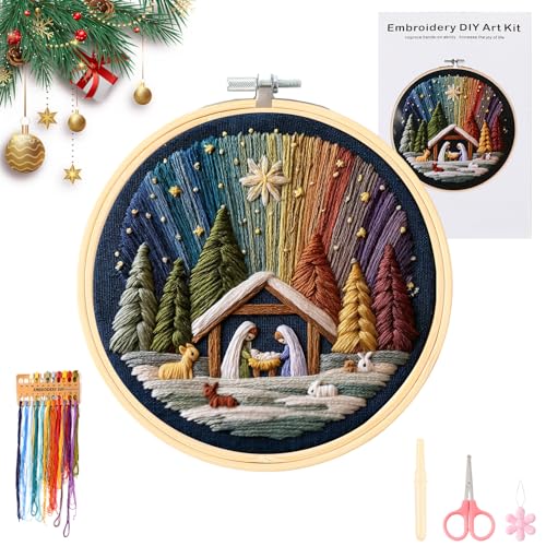 DIY Nativity Embroidery Set – Stitch The Holy Story, Christmas Embroidery Kit with Fabric,Threads & Needles, Christian Embroidery Kit for Adults Beginner, Home Decor & Gifts (1Pcs)