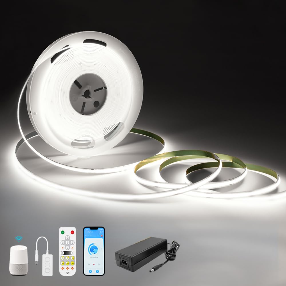 RYE 24V COB LED Strip Kit,6000k Nature White Dimmable Tape Light with RF Remote Control/Smart App,Support Alexa Control,Under Cabinet Bedroom Kitchen TV Mirror DIY Lighting,10M*480LEDs/M,CRI90+.