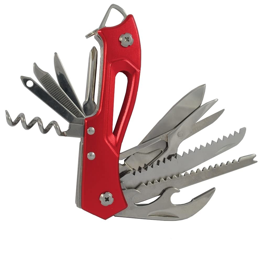 DIY TECH UK - 13 in 1 Pocket Multi Tool with UK Legal Folding Knife + Mini Multitool with Scissors, Saw, Tin Opener, Bottle Opener, Corkscrew, Screwdriver Red - with Pouch