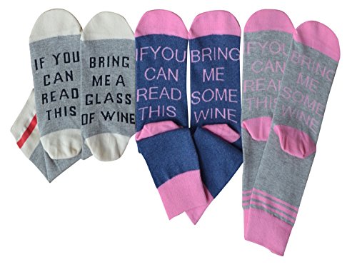 3 Pairs Womens Cotton Funny Crew Socks Novelty Funky Cute Hosiery, Wine Style Colorful, One Size