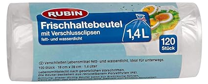 Rubin Frischhaltebeutel 1,4 L mit Verschlussclipsen, ideal für die Lagerung und Transport von Lebensmitteln, Fett- und Wasser