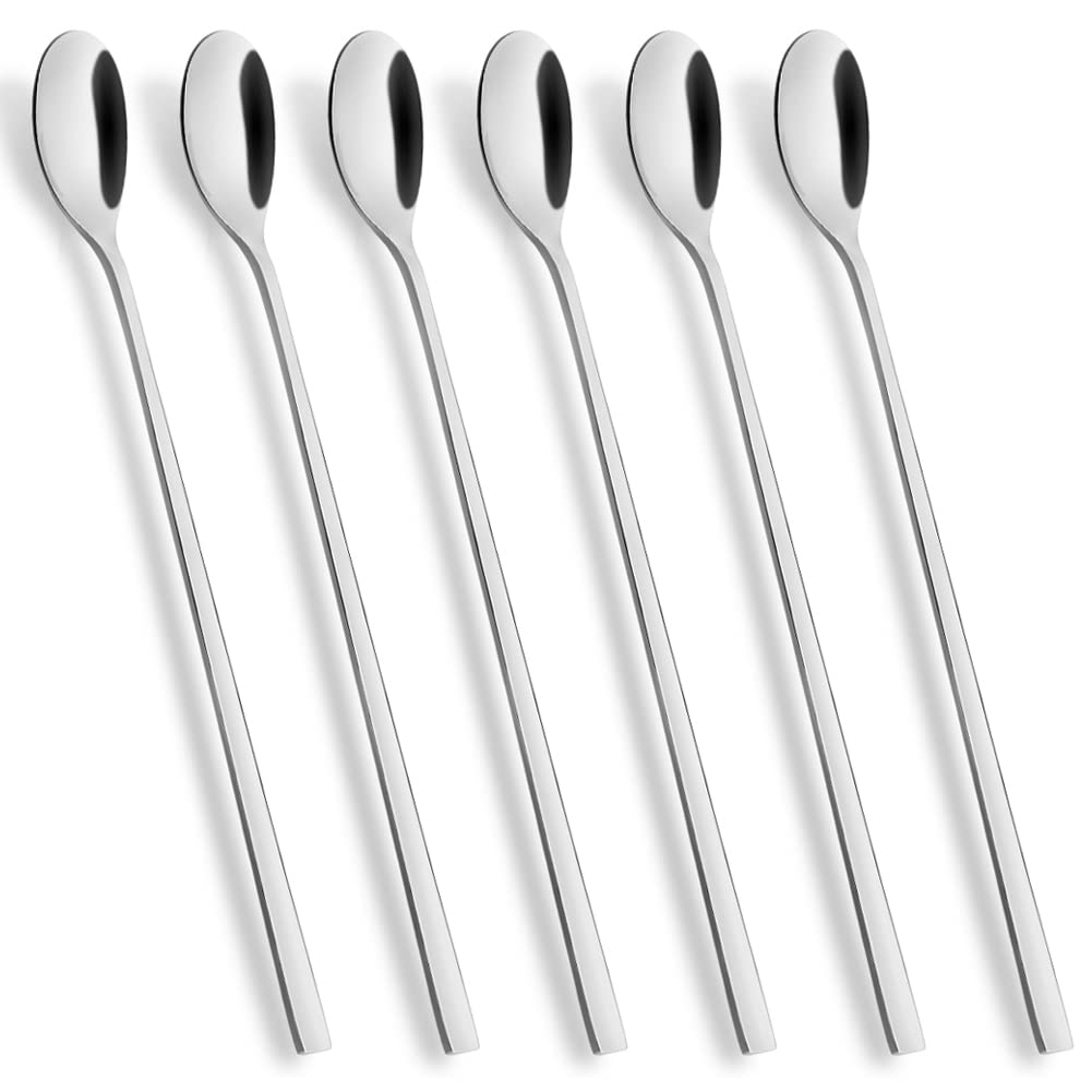 AOOSY Latte Spoons Long Handle Teaspoons Set of 6 Stainless Steel 9 inches Mixing Ice Cream Stirring Spoon Ideal for iced Coffee Iced Tea Milk Shake Ice Cream Sundeas Cool Drinking
