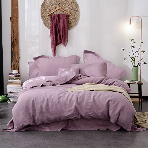 Lausonhouse Pure Linen Duvet Cover Set, 100% French Linen Duvet Cover with 2 Pillowshams, Luxurious Bedding Set - King - Mauve - Thumbnail 7