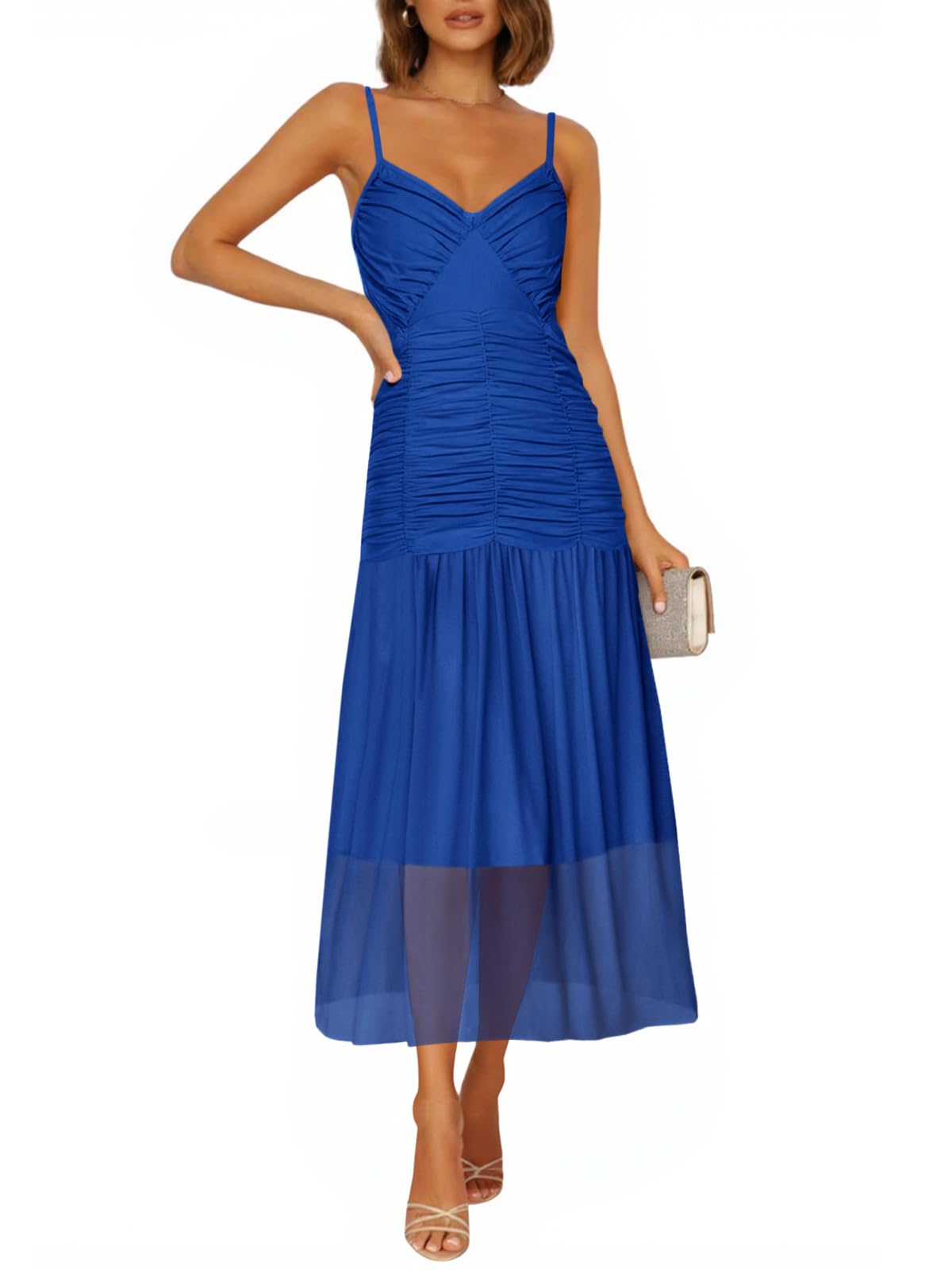 Photo 1 of *** UNKNOWN SIZE*** Wenrine Women's Summer Spaghetti Strap Maxi Dress Casual Mesh Sleeveless V Neck Ruched Flowy Cocktail Party Dresses Blue