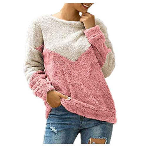 Amlaiworld Women Winter Sweater Round Neck Solid Pullover Blouse Stitching Plush Long-Sleeved Sweatshirt Top Pink