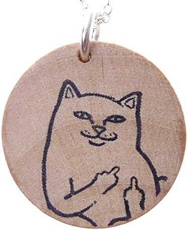 Toki Wood Middle Finger Cat Print Necklace (Middle Finger Cat Necklace)