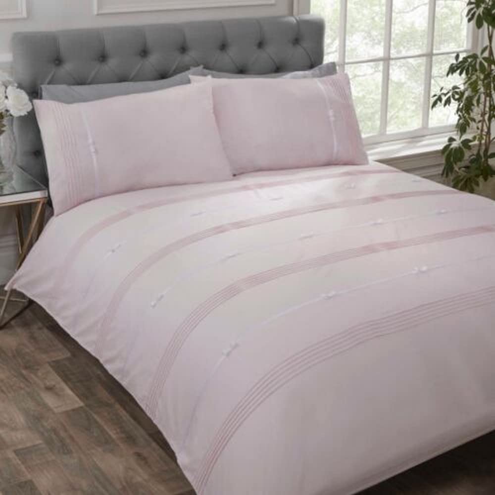 Rapport Home Contemporary Single Quilt Cover Set with Elegant Blush Pink Ribbon and Bows Embroidery — image 1