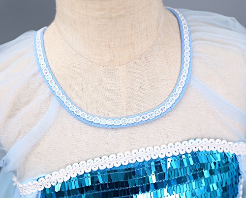Cotrio Elsa Costume Dress Girls Snow Queen Princess Dresses Kids Halloween Outfit Clothes Party Fancy Dress with Wig, Gloves, Tiara, Wand Size 8 (7-8 Years, Blue, 130)