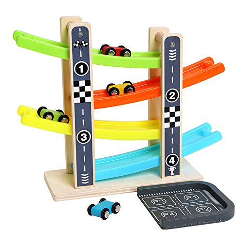 Joqutoys Wooden Ramp Race Car Track Parking Garage Set Kids Game Racing Kit Toys for Toddler with 4 Mini Racers