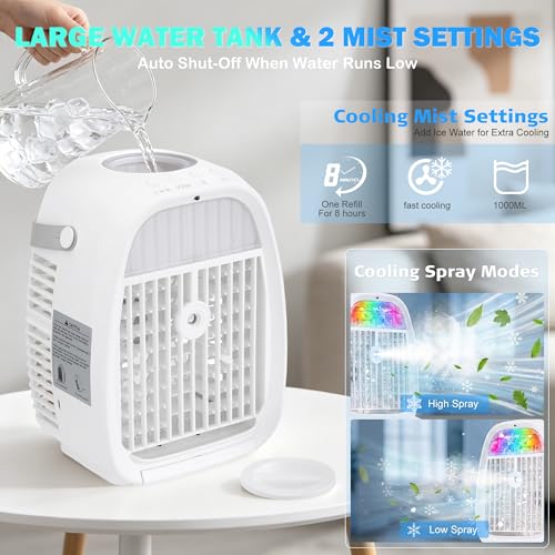 Portable Air Conditioner, 1100ML Mini Air Cooler with Remote Control, 4-in-1 Portable Air Cooler Fan, 3 Speeds, 2 Mist Modes, 1-4H Timer, 7 Colour LED, USB Cooling Fan for Bedroom Office Car Camping