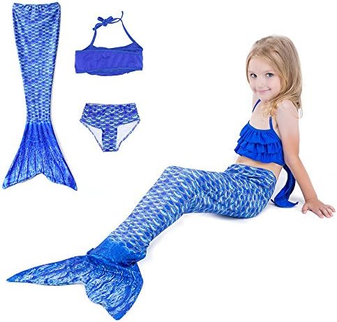 Swimmable Mermaid Tail Costume Swimsuit for Girls Swimming with Bathing Bikini Set(No monofin) Blue M
