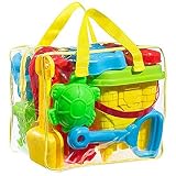 FoxPrint GT 1 Beach Sand Toy Set, Models & Molds, Bucket, Shovels, Rakes, Mesh Bag with Pull Strings for Easy Clean, & Reusable Zippered Bag. Will Keep Your Child Motivated for Hours, Colors May Vary
