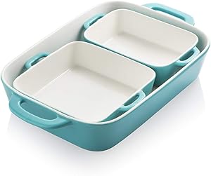 SWEEJAR Ceramic Bakeware Set, Rectangular Baking Dish for Cooking, Kitchen, Cake Dinner, Banquet and Daily Use, 12.8 x 8.9 Inches porcelain Baking Pans (Turquoise)