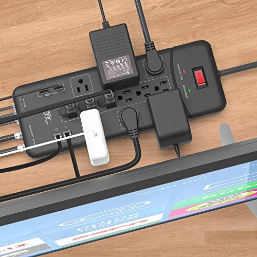 CRST Surge Protector Power Strip 4050Joules, with USB(3.1A) Cable,Telephone and
