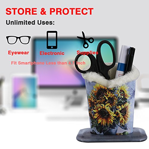 PG6 Plush Lined Eyeglasses Holder Stand Case Protective Glasses Case for Desks, Sunflower