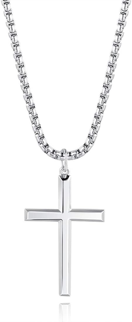 FANCIME Yellow/White Gold Plated 925 Solid Sterling Silver Polished Big Beveled Edge Men's Crucifix Cross Pendant Long Necklace Fine Jewelry For Men Boys, Strong Stainless Steel Box Chain Length 22"