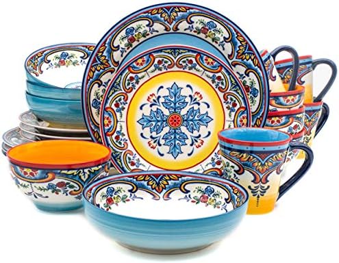 Euro Ceramica Zanzibar Assortment Vibrant 20 Piece Oven Protected Stoneware Dinnerware Set, Service For 4, Spanish Floral Design, Multicolor