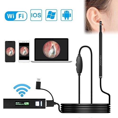 Wireless Otoscope, YINAMA WiFi Ear Scope Camera 1.3 Megapixels Digital Inspection Cleaning Endoscope with 6 Adjustable LEDs for iOS and Android Smartphone and Tablet, Mac and Windows PC