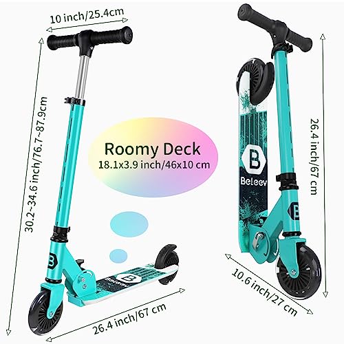 BELEEV V2 Kids Scooter 3-12 Years Old, Folding Scooter with 2 LED Wheels, Stem, Deck, 3 Height Adjustable, Scooter for Girls and Boys, Scooter