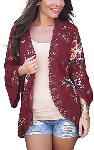PARTY LADY Womens Floral Print Loose Puff Sleeve Kimono Cardigan Lace Patchwork Cover Up Blouse Size 2XL Wine Red