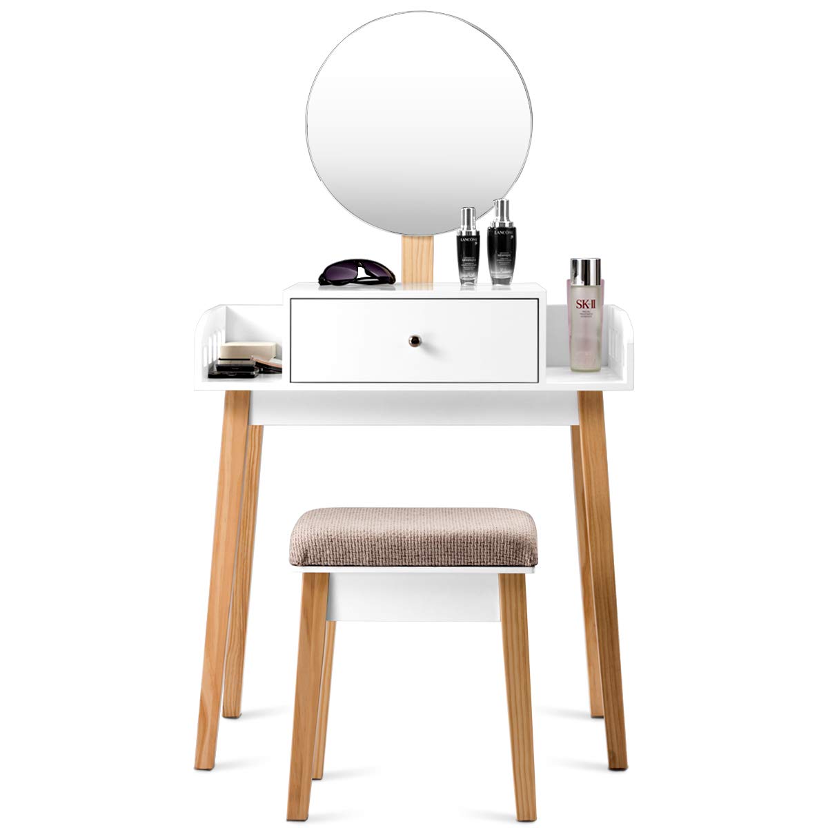 Giantex Vanity Table Set with Height Adjustable Round Mirror, Makeup Mirrored Dressing Table with Cushioned Stool, Side Storage and Large Drawer, Gift Vanities for Women Girls Bedroom (White)