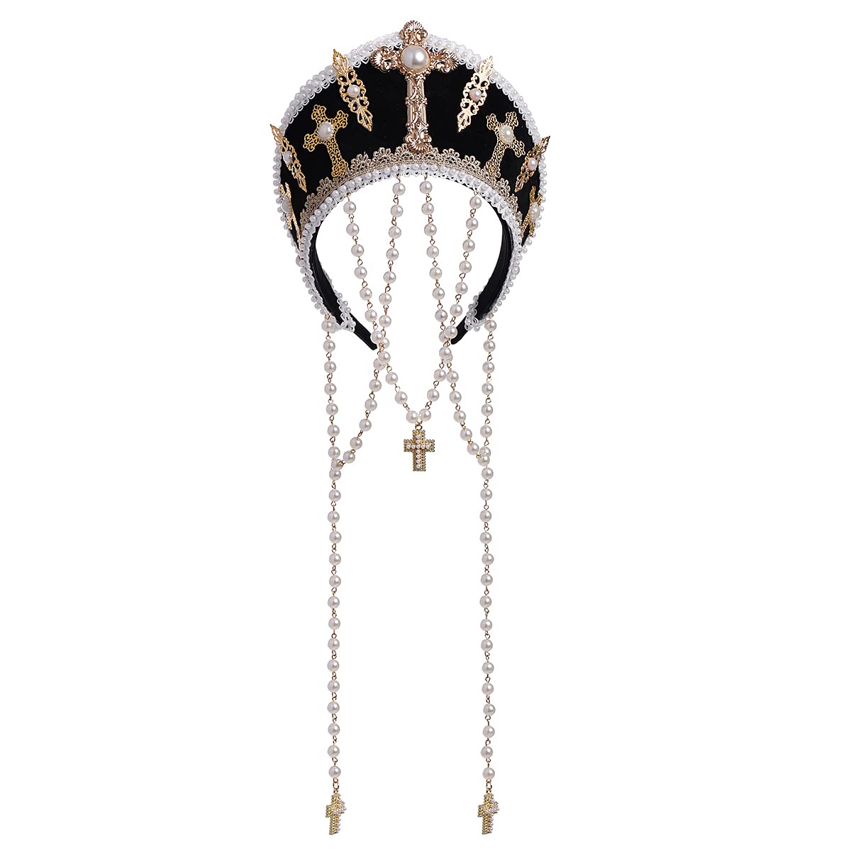 BPURB Renaissance Medieval Tudor Queen Headpiece for Women Anne Boleyn Headband Elizabethan Royal Coronet Hood Tiara Hat (Black)