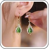 Yheakne Vintage Teardrop Emerald Dangle Earrings Green Moonstone Drop Earrings Crystal Teardrop Earrings Gold Cz Gemstone Huggie Hoop Earrings Jewelry for Women