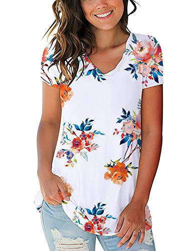 Women's T Shirts Short Sleeve V-Neck Loose Casual Basic Tee Tops Summer T-Shirt (Floral-White SYH, Medium)