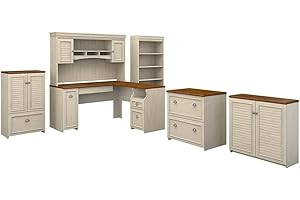 BUSH BUSINESS FURNITURE Bush Furniture Fairview 60W L Shaped Desk with Hutch, Bookcase, Storage and File Cabinets in Antique White and Tea Maple