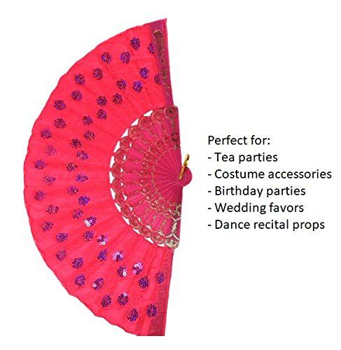 Butterfly Twinkles Girls Dress Up Folding Fans 17 Inch Sequined Fabric Tea Party Hand Held Set of 6 Pink Bright Pink Purple