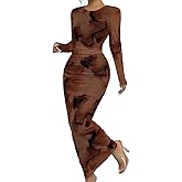 Narecte Fall Dresses for Women Bodycon Long Sleeve Casual Dresses Elegant Maxi Dress Tie Dye Mesh Formal Dress