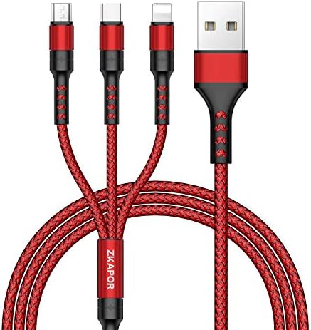 Multi Charger Cable, ZKAPOR Nylon Braided 3 in 1 Multiple USB Charging Cable with Micro USB Type C Multi Charger for Phone XS/X/ 8/7, Android Samsung, Huawei, Motorola, LG, OnePlus, Kindle, 1.2m