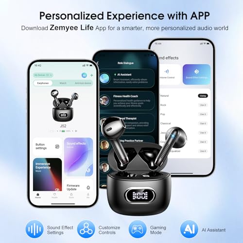 Bluetooth Headphones, In-Ear Headphones, Wireless Bluetooth 5.4, Deep Bass, 6D Stereo Ear Buds, 50 Hours ENC Noise Cancelling Earphones, EQ via App, USB-C, IPX7 Waterproof Sports Headphones iOS