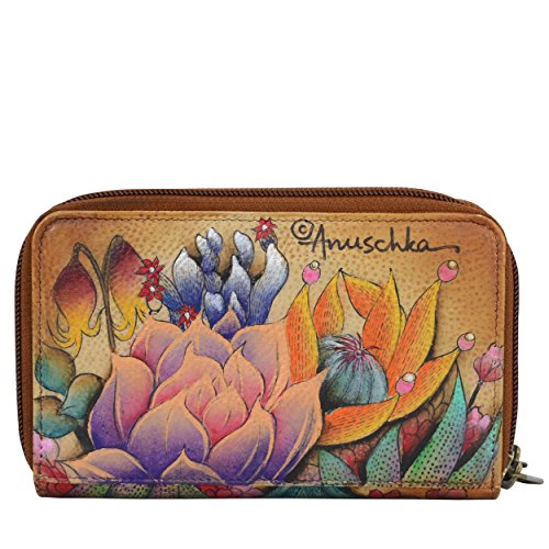 Anuschka Womenâ€™s Genuine Leather Twin Zip Organizer Wallet | Holds up to 18 Cards | Hand Painted Original Artwork | Desert Sunset