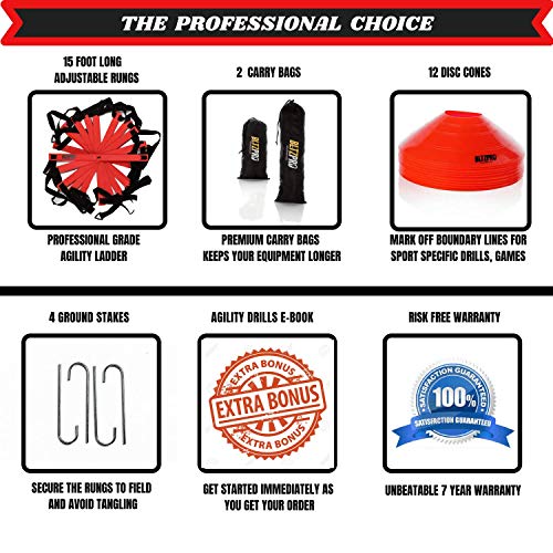Bltzpro Agility Ladder soccer cones Kit- A speed training equipment for football and team sports skills practice. Ideal for coaching and conditioning includes 2 bags/4 stakes/24 agility drills Ebook  - Thumbnail 2