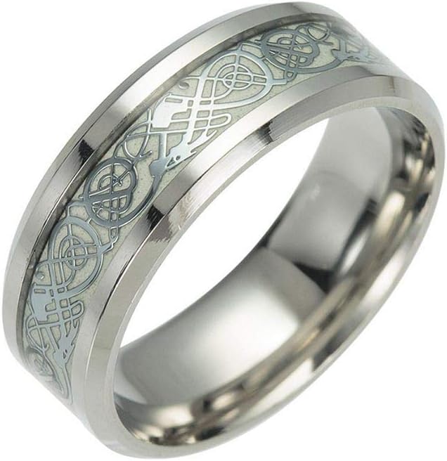 COMVIP Men's Titanium Steel Dragon Luminous Glow Wedding Ring Band Silver