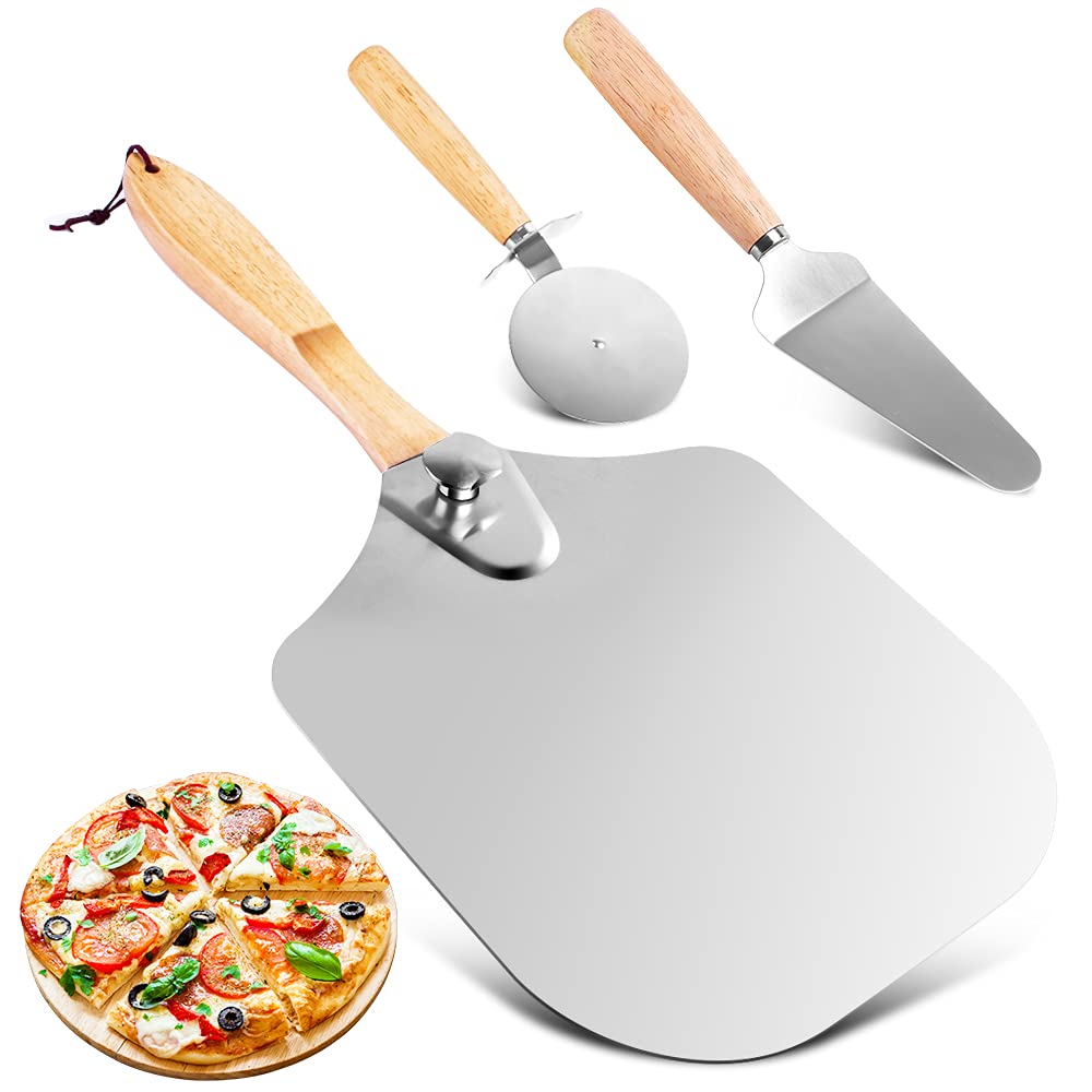 Pizza Cutter + Pizza Peel + Pizza Shovel, Pizza Transfer Set with Wooden Handle, Suitable for Baking Homemade Pizza, Toasting Bread, Baking Biscuits, and Making Cakes