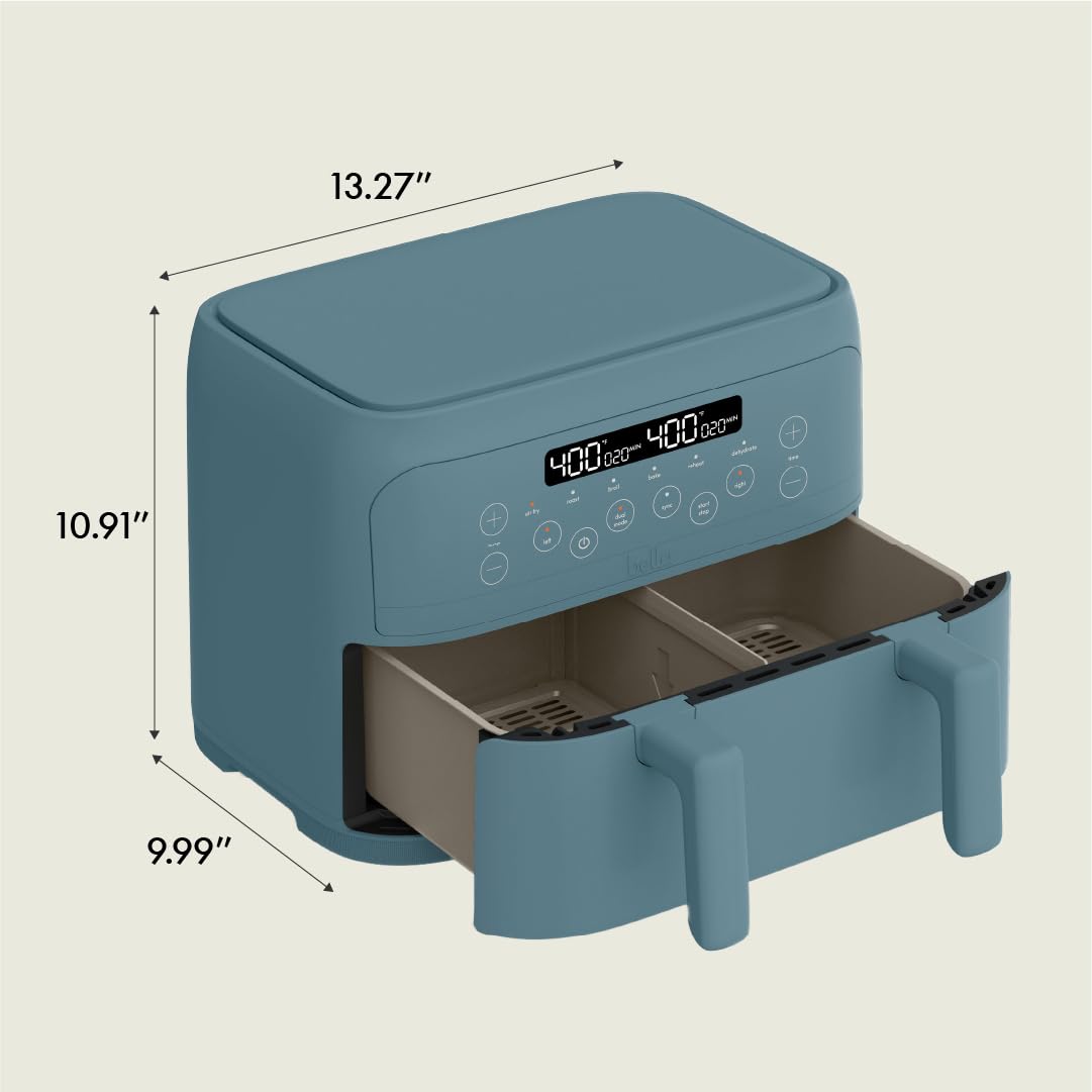 Bella Freidora de aire TriZone de 4 cuartos, revestimiento antiadherente cerámico EverGood™, diseño de canasta doble con divisor extraíble, control de pantalla táctil digital con 6 opciones de cocción preestablecidas, 1200 vatios, capacidad de 3 libras, Surf