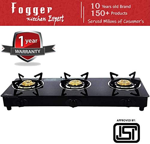 Fogger Glass Top 3 Burner Gas Stove, Manual Ignition, Black