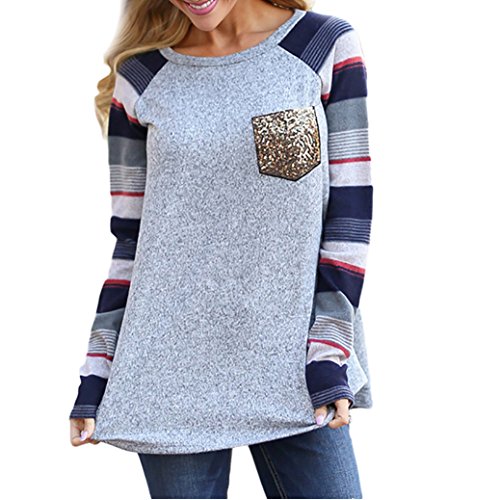 8sanlione Women's Striped Long Sleeve Lightweight Sweatshirts Casual Slim Tunic Tops(Medium/US 8-10,NavyBlue)