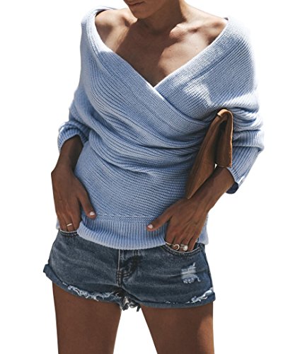 Imily Bela Womens Sexy Off Shoulder Sweater V Neck Wrap Pullover Loose Long Sleeve Jumper