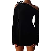 HYPERFIRE Women's Shoulder Tie Long Sleeve Asymmetrical Dress Boat Neck Cocktail Mini Dresses