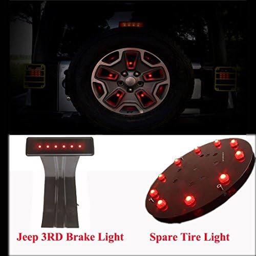 AutoMotor Jeep Wrangler High Mount Spare Tire Wheel Lights Set LED 3rd Third Brake Light & Spare Tire Brake Light Coversion Kit Tail Lights for 2007-2017 JK Jeep Wrangler Wheel Rear Led Lights