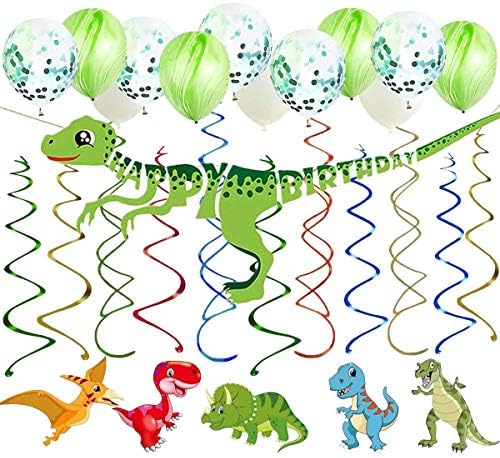 Kalaia 46 Ct Jungle Dinosaur Hanging Swirl Decorations Cute Dinosaur Happy Birthday Banner Balloons Whirl Streamers Ceiling Wall Decorations for Dinosaur Theme Birthday Baby Shower Party