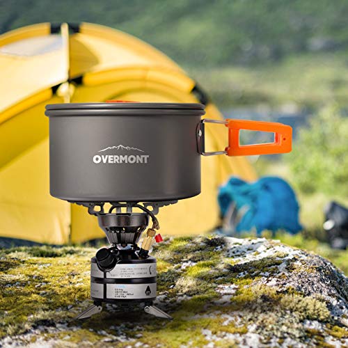 Overmont 1.95 Liter (Pot+ Kettle) Camping Cookware Set 1-2 Person Campfire Kettle Outdoor Cooking Mess Kit Pots Pan for Backpacking Hiking Picnic Fishing with Spork Knife Spoon